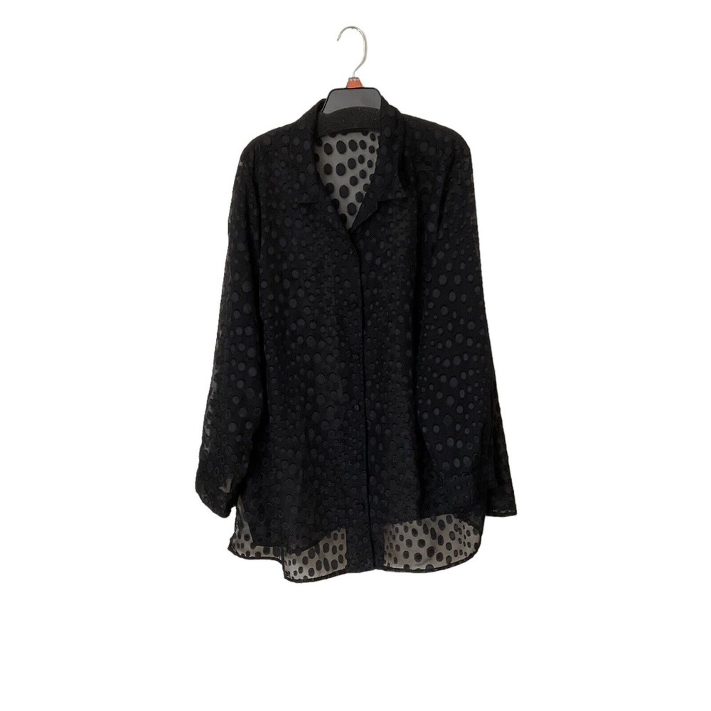 Vintage Maggie Barnes Top Shirt Blouse Tunic 20W Black Long Sleeve Sheer Dots